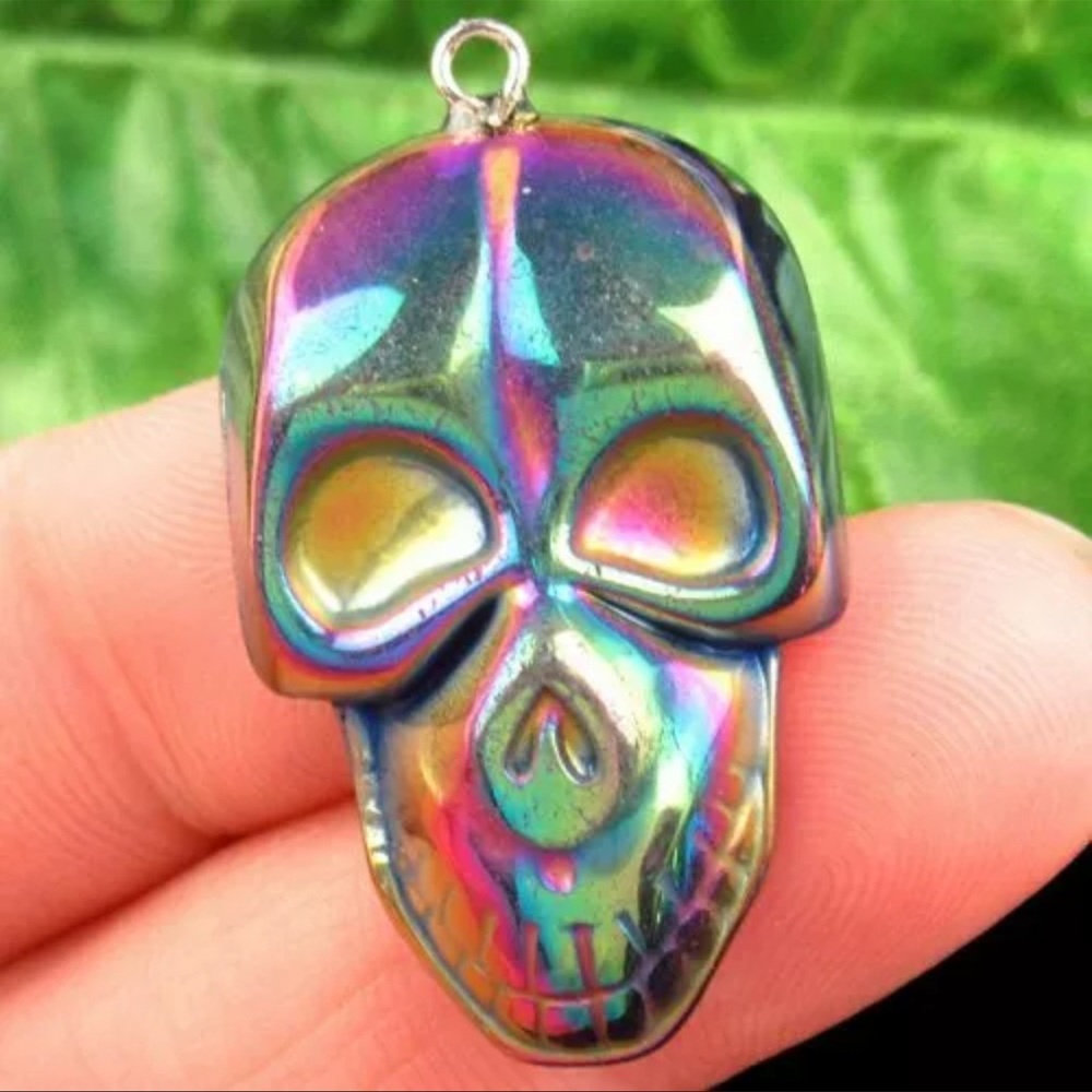 Carved Rainbow Hematite Skull Necklace